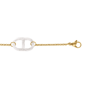 BRACELET ACIER DORÉ MAILLE MARINE PVD BLANCHE NACRÉ  16+3CM