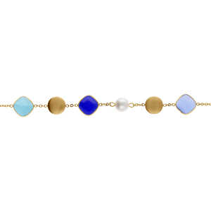 BRACELET ACIER DORÉ PASTILLES DORÉ CARRÉ OEIL DE CHAT IMITATION BLEU ET PERLE BLANCHE IMITATION 16+3CM