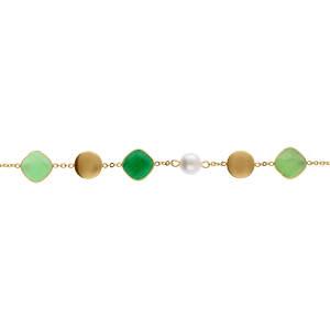 BRACELET ACIER DORÉ PASTILLES DORÉ CARRÉ OEIL DE CHAT IMITATION VERT ET PERLE BLANCHE IMITATION 16+3CM
