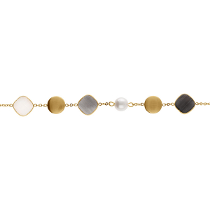 BRACELET ACIER DORÉ PASTILLES DORÉ CARRÉ OEIL DE CHAT IMITATION NOIR  ET PERLE BLANCHE IMITATION 16+3CM