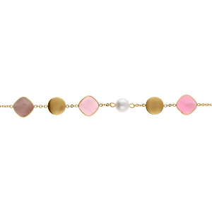 BRACELET ACIER DORÉ PASTILLES DORÉ CARRÉ OEIL DE CHAT IMITATION ROSE ET PERLE BLANCHE IMITATION 16+3CM