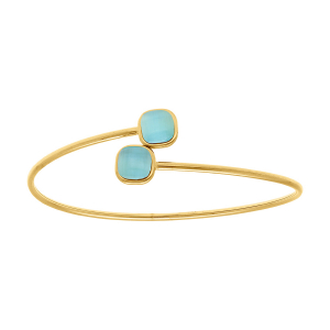 BRACELET ACIER DORÉ JONC OUVERT 2 CARRÉ OEIL DE CHAT IMITATION BLEU 62MM