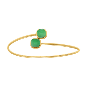 BRACELET ACIER DORÉ JONC OUVERT 2 CARRÉ OEIL DE CHAT IMITATION VERT  62MM