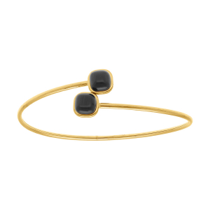 BRACELET ACIER DORÉ JONC OUVERT 2 CARRÉ OEIL DE CHAT IMITATION NOIR  62MM