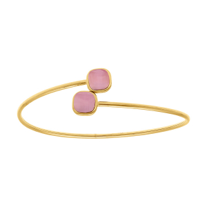 BRACELET ACIER DORÉ JONC OUVERT 2 CARRÉ OEIL DE CHAT IMITATION ROSE 62MM