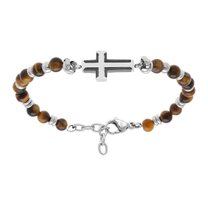 BRACELET ACIER BOULES MARRON CROIX 20MM PVD NOIR 19+2CM