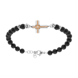 BRACELET ACIER BOULES NOIRES CROIX 20MM 1 OXYDE BLANC SERTI  19+2CM
