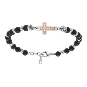 BRACELET ACIER BOULES NOIRES CROIX 20MM OXYDES BLANCS SERTIS  19+2CM