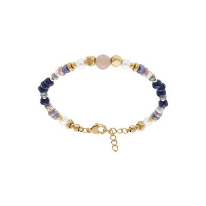 BRACELET ACIER DORÉ BOULES 4MM VERRE FACETÉ PERLE IMITATION ET PIERRE DE LUNE 6MM VÉRITABLE  16.5+3CM
