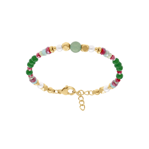 BRACELET ACIER DORÉ BOULES 4MM VERRE FACETÉ PERLES IMITATION  ET AVENTURINE 6MM VÉRITABLE  16.5+3CM