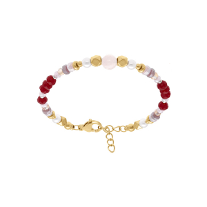 BRACELET ACIER DORÉ BOULES 4MM VERRE FACETÉ PERLES IMITATION ET QUARTZ 6MM VÉRITABLE  16.5+3CM