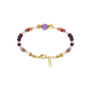 BRACELET ACIER DORÉ BOULES 4MM VERRE FACETÉ PERLES IMITATION ET AMÉTHYSTE 6MM VÉRITABLE 16.5+3CM