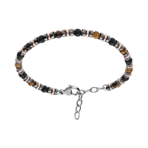 BRACELET ACIER OEIL DE TIGRE ET AGATE NOIRE AVEC RONDELLES HÉMATITE NOIRE ET PVD ROSE 18.5+3CM