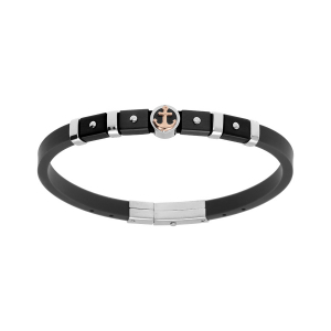 BRACELET ACIER ET CAOUTCHOUC NOIR PVD NOIR MOTIF ANCRE 21.5CM RÉGALBLE 20CM ET 18.5CM