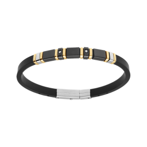 BRACELET ACIER ET DORÉ CAOUTCHOUC NOIR OXYDES BLANCS 19CM RÉGALBLE