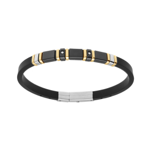 BRACELET ACIER ET DORÉ CAOUTCHOUC NOIR OXYDES BLANCS 21.5CM RÉGALBLE 20CM ET 18.5CM