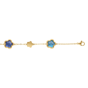 BRACELET ACIER DORÉ  PASTILLES FLEUR ET OXYDES FORME FLEUR BLEU CLAIR 16+3CM