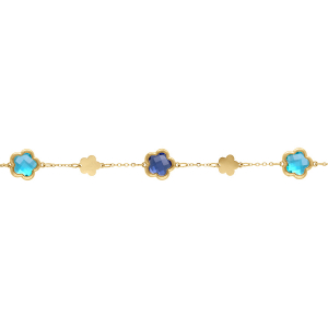 BRACELET ACIER DORÉ  PASTILLES FLEUR ET OXYDES FORME FLEUR BLEU CLAIR 16+3CM