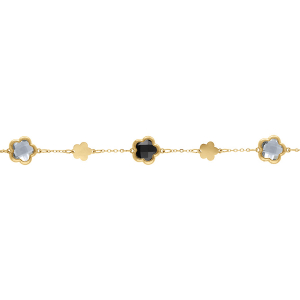BRACELET ACIER DORÉ  PASTILLES FLEUR ET OXYDES FORME FLEUR NOIR ET BLANC  16+3CM