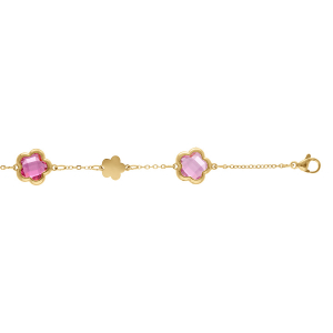 BRACELET ACIER DORÉ  PASTILLES FLEUR ET OXYDES FORME FLEUR ROSE CLAIR 16+3CM