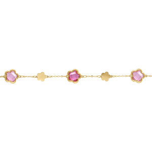 BRACELET ACIER DORÉ  PASTILLES FLEUR ET OXYDES FORME FLEUR ROSE CLAIR 16+3CM
