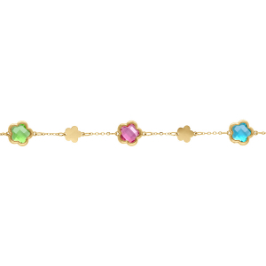 BRACELET ACIER DORÉ  PASTILLES FLEUR ET OXYDES FORME FLEUR MULTI COULEUR 16+3CM