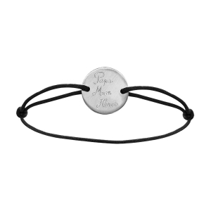 BRACELET CORDON NOIR REGLABLE RONDELLE  ACIER GRAVE PAPA MON HEROS