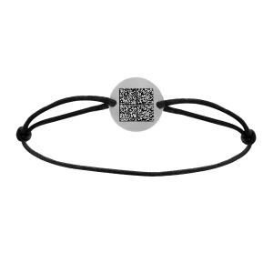 BRACELET CORDON NOIR REGLABLE RONDELLE  ACIER QR CODE