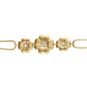 BRACELET ACIER DORE 3 FLEURS DOUBLE CHAINE OXYDES BLANCS SERTIS 17+5CM