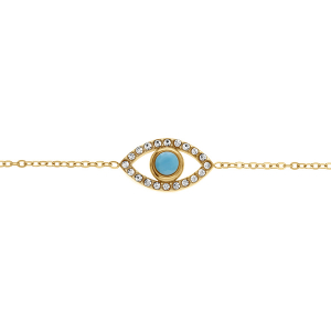 BRACELET ACIER DORE OEIL DE PROTECTION GREC TURQUOISE IMITATION CONTOUR OXYDES BLANCS SERTIS 16+5CM