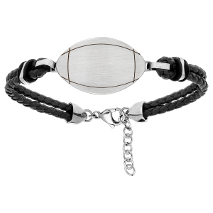 BRACELET ACIER ET CUIR BOVIN 2 RANGS NOIR ET BALLON DE RUGBY 19CM+3CM