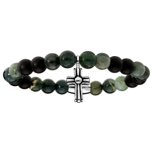 BRACELET ACIER EXTENSIBLE BOULES AGATE VERTE AVEC MOTIF CROIX