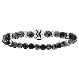 BRACELET ACIER EXTENSIBLE BOULES OBSIDIENNE GRISES ET NOIRES AVEC MOTIF ROUE DE BATEAU