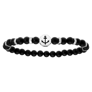 BRACELET ACIER EXTENSIBLE BOULES ONYX VÉRITABLE AVEC MOTIF ANCRE