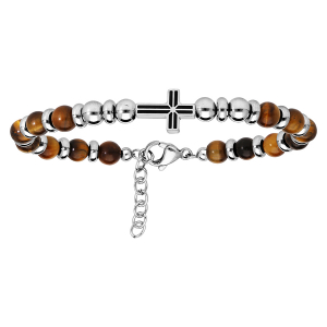 BRACELET ACIER BOULES OEIL DE TIGRE MARRON AVEC CROIX 19+2CM
