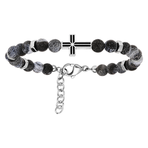 BRACELET ACIER BOULES AGATE GRISE AVEC CROIX 19+2CM