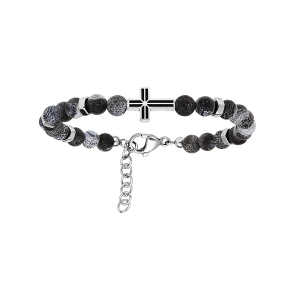 BRACELET ACIER BOULES AGATE GRISE AVEC CROIX 19+2CM