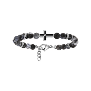 BRACELET ACIER BOULES AGATE GRISE AVEC CROIX 19+2CM