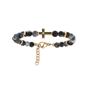 BRACELET ACIER DORÉ BOULES AGATE GRISE AVEC CROIX 19+2CM
