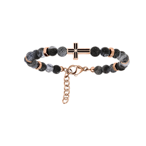 BRACELET ACIER DORÉ BOULES AGATE GRISE AVEC CROIX 19+2CM