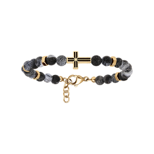 BRACELET ACIER DORÉ BOULES AGATE GRISE AVEC CROIX 19+2CM