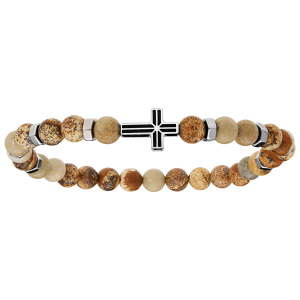 BRACELET ACIER EXTENSIBLE BOULES JASPE VÉRITABLE MOTIF CROIX