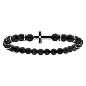 BRACELET ACIER EXTENSIBLE BOULES AGATE NOIRE MOTIF CROIX