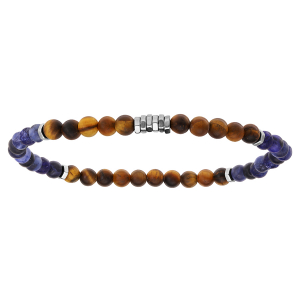 BRACELET ACIER EXTENSIBLE BOULES OEIL DE TIGRE ET QUARTZ BLEU ET MARRON