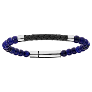 BRACELET ACIER BOULES LAPIS LAZULIS ET CUIR BOVIN NOIR TRESSE 20,5CM