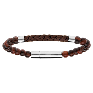 BRACELET ACIER BOULES JASPE ET CUIR BOVIN NOIR TRESSE 20,5CM
