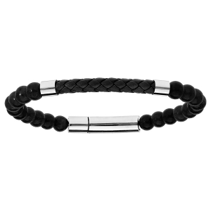 BRACELET ACIER BOULES ONYX VÉRITABLE ET CUIR BOVIN NOIR TRESSE 20,5CM