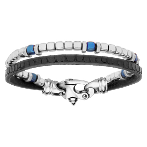 BRACELET ACIER 1 RANG CUIR BOVIN NOIR ET 1 RANG CUBES GRIS ET BLEU 21,5CM