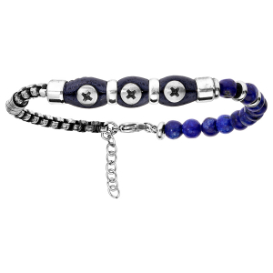 BRACELET ACIER ET CUIR BLEU AVEC BOULES QUARTZ BLEU 20+3CM