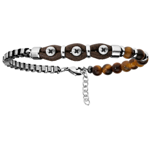 BRACELET ACIER ET CUIR MARRON AVEC BOULES OEIL DE TIGRE 20+3CM